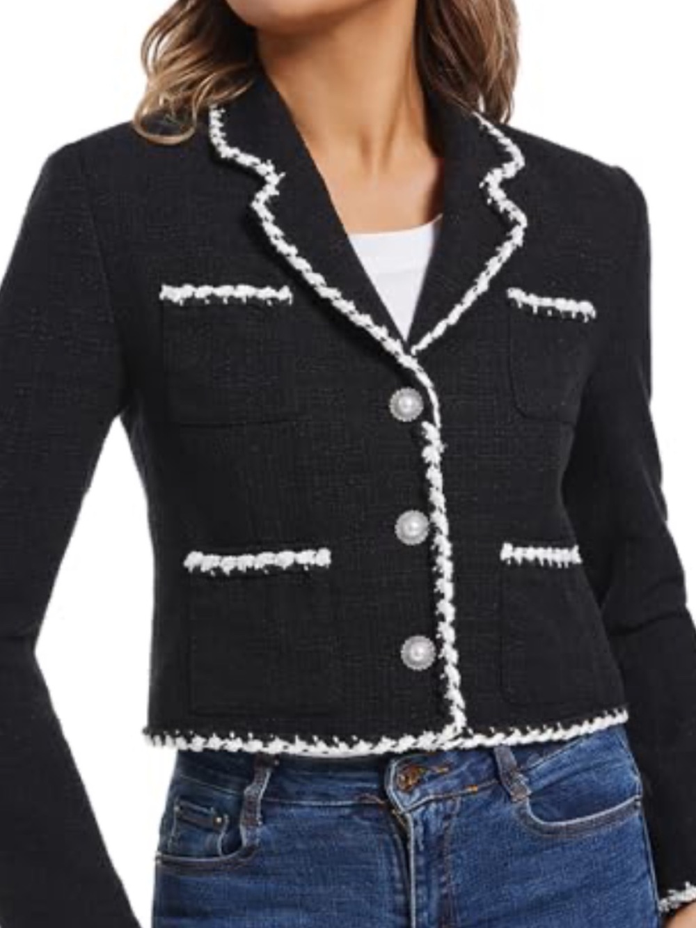 Ellen Tracy Black Bouclé Cropped Jacket with White Trim